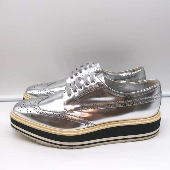 Prada Platform Wingtip Brogues Silver Metallic Leather Size 41 - Picture 6 of 12